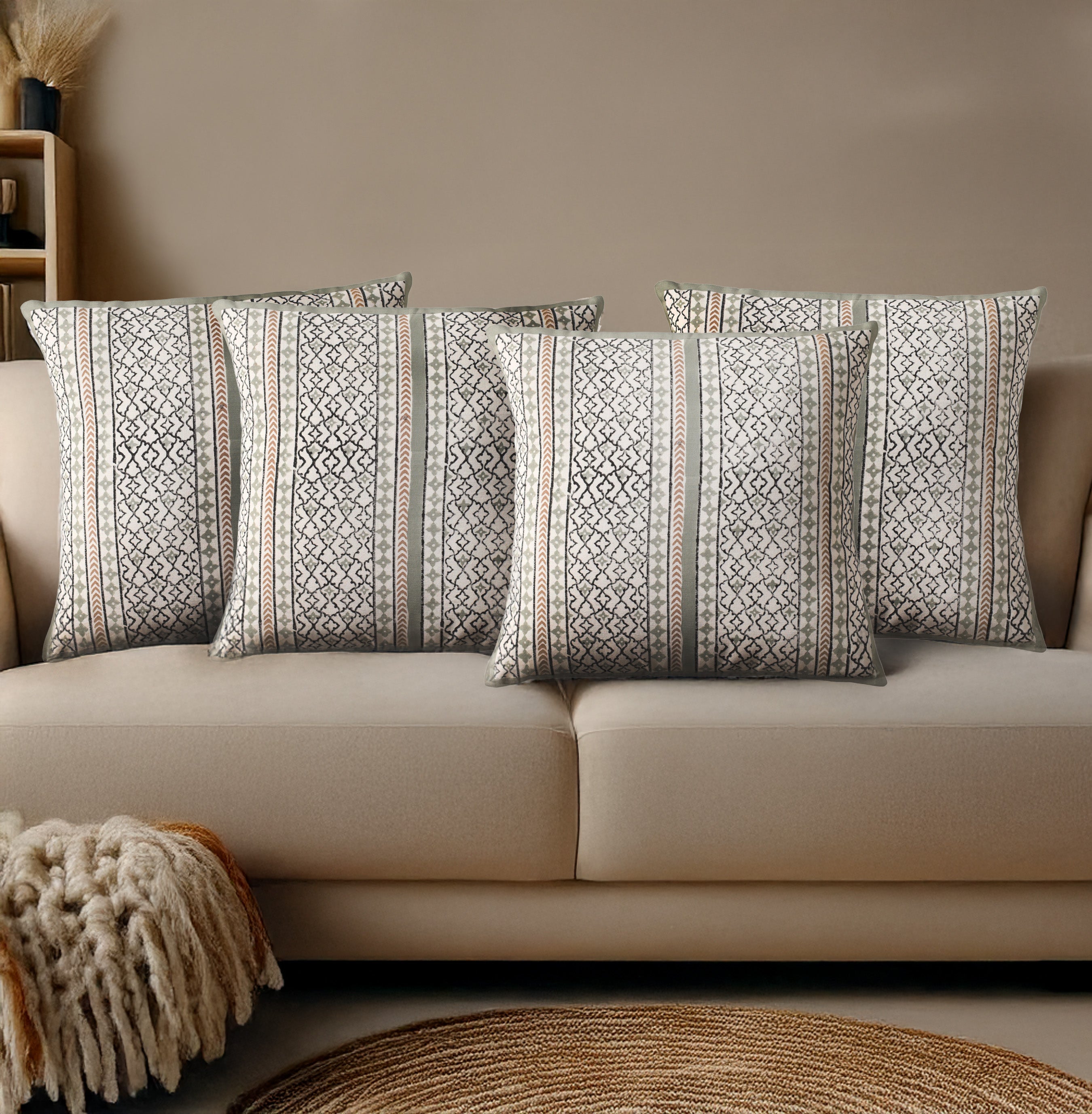 Aqua and Off White Pure Cotton Cushion Cover | 18x18 in | Set of 1,2,3,4 and 5 | Block Printed