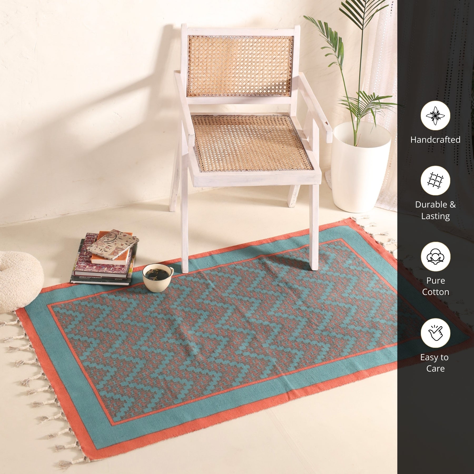 Green and Navy Cotton Block Printed Living Room Rugs. Best as bedroom rug as well.