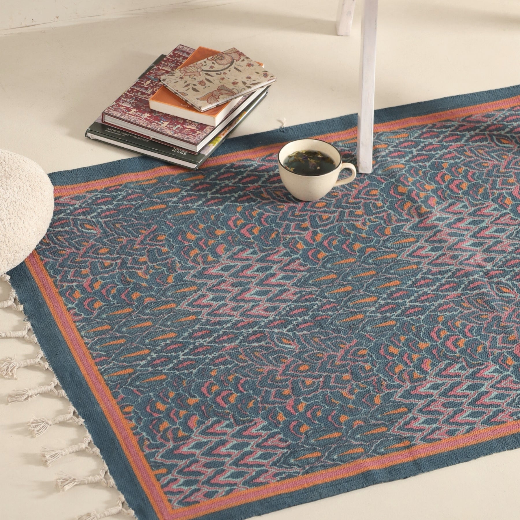 Coral and Powder Blue Cotton Block Printed Living Room Rugs. Best as bedroom rug as well.