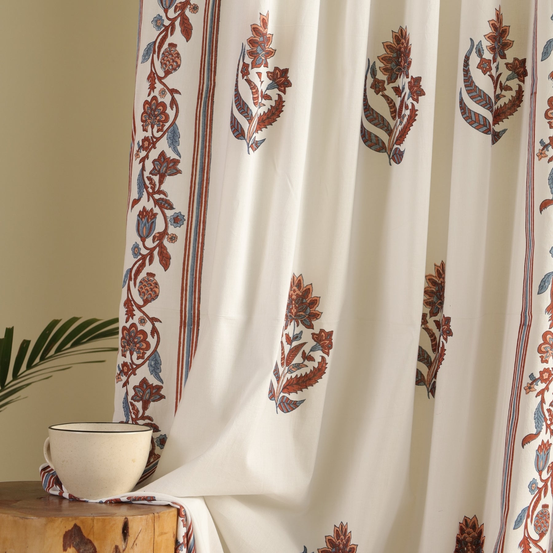 Pure Cotton Sheer Curtains hand printed in red and navy colour | Best curtains for living room