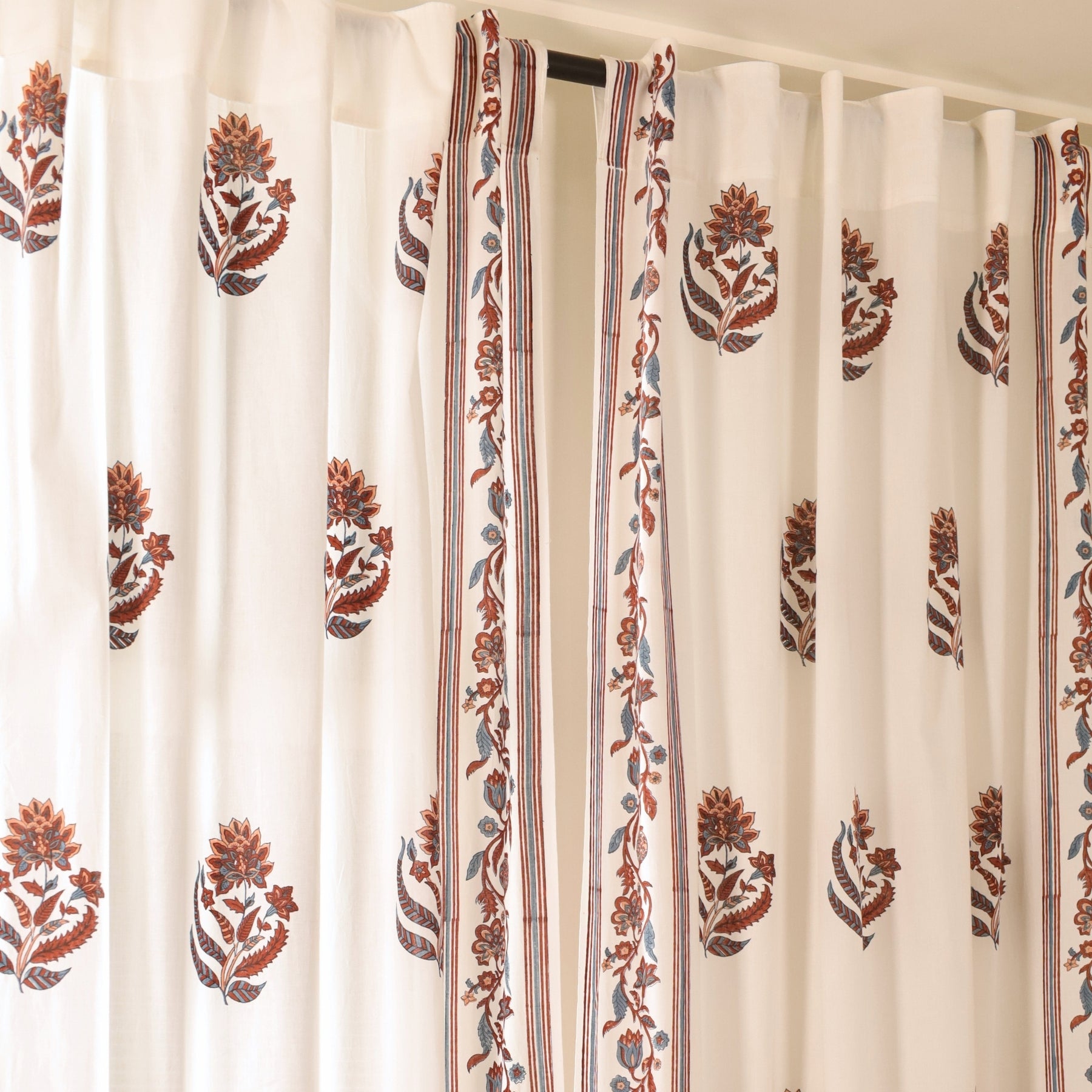 Pure Cotton Sheer Curtains hand printed in red and navy colour | Best curtains for living room
