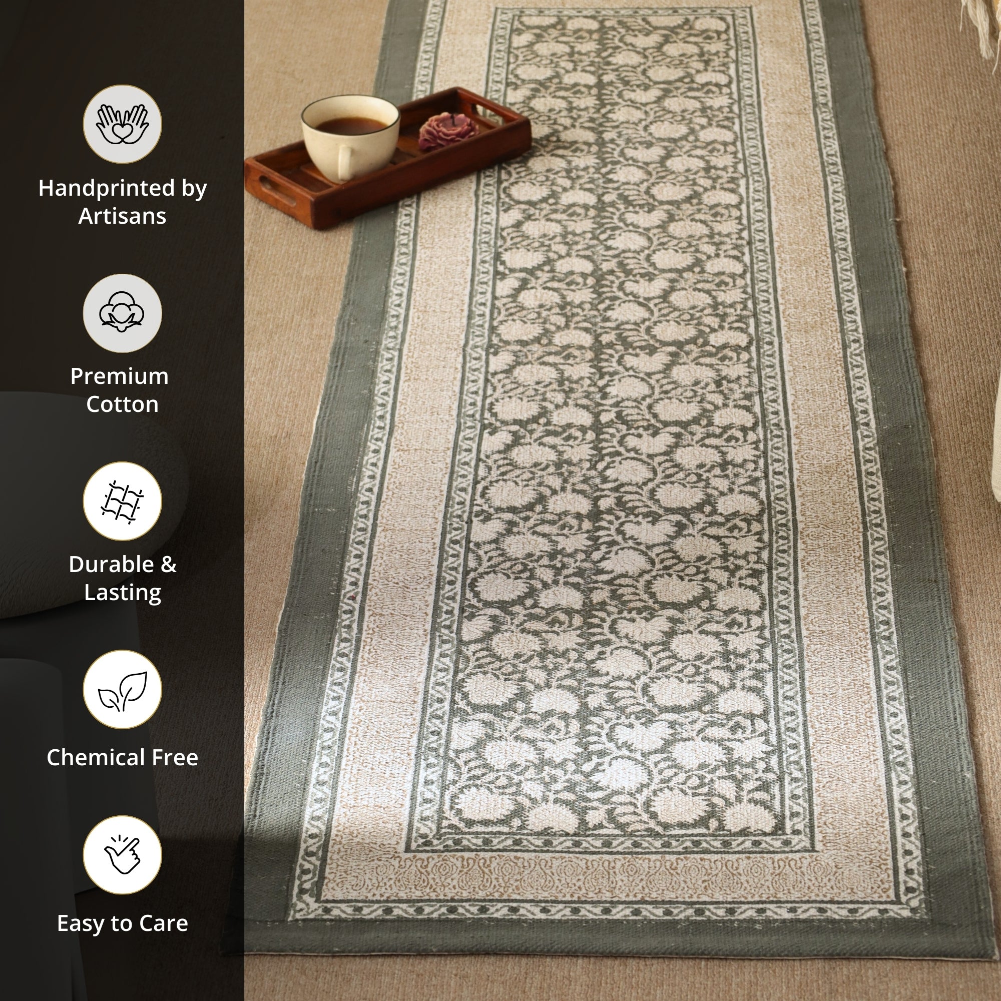Hand block printed Cotton Floor Rug for Living Room and Bedroom  in Ivory and Charcoal Colour | Soft Washable Rug