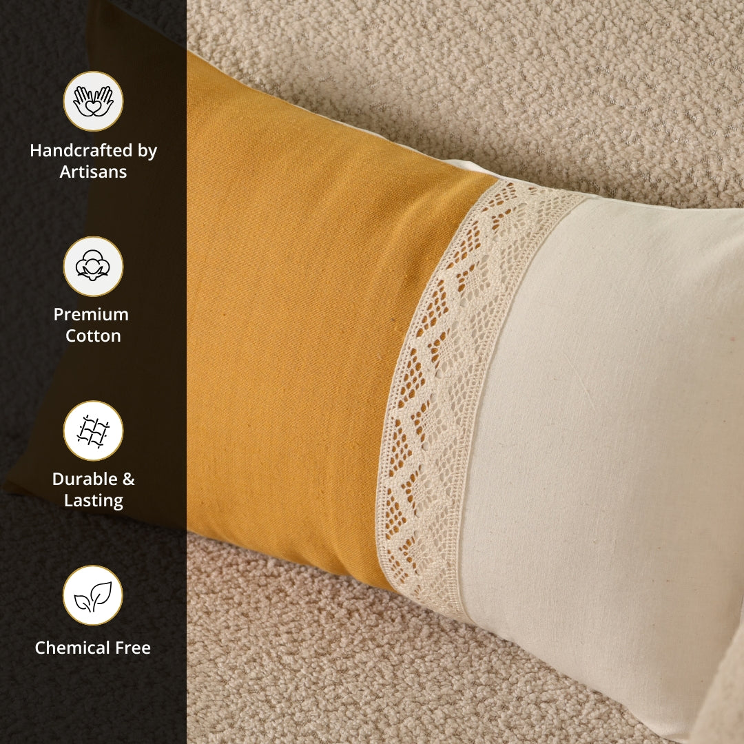 Rectangular Pure Cotton Crochet Cushion Cover in Mustard and Off White | Set of 1 and 2