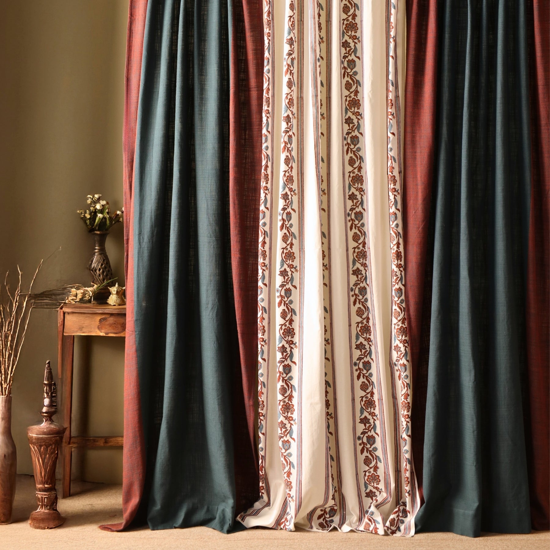 Pure Cotton Sheer and solid Curtains set in  Off White and Navy Colours, available in 7ft in set of 3