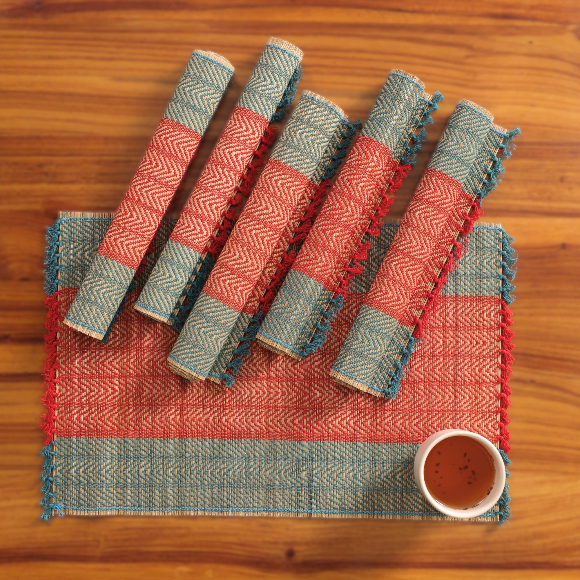 Cotton and Grass Table mats in Crystal Teal and Red | Set of 4 and 6