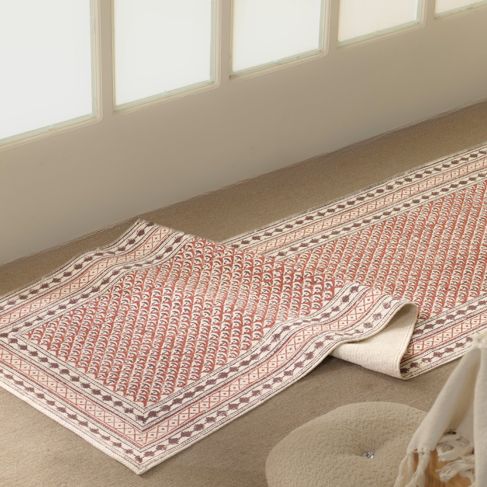 Handprinted Cotton Floor Rug for Living Room and Bedroom in Maroon and Black| Soft Washable Rug