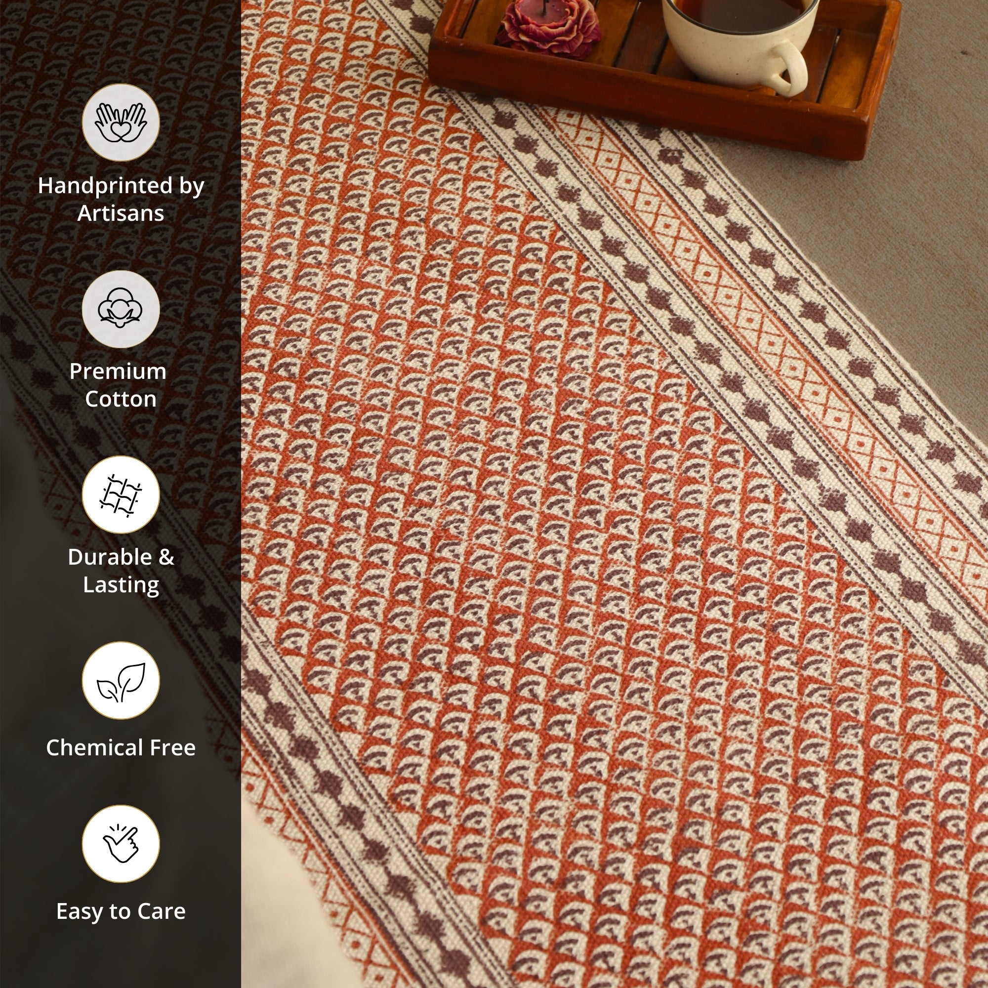 Handprinted Cotton Floor Rug for Living Room and Bedroom in Maroon and Black| Soft Washable Rug