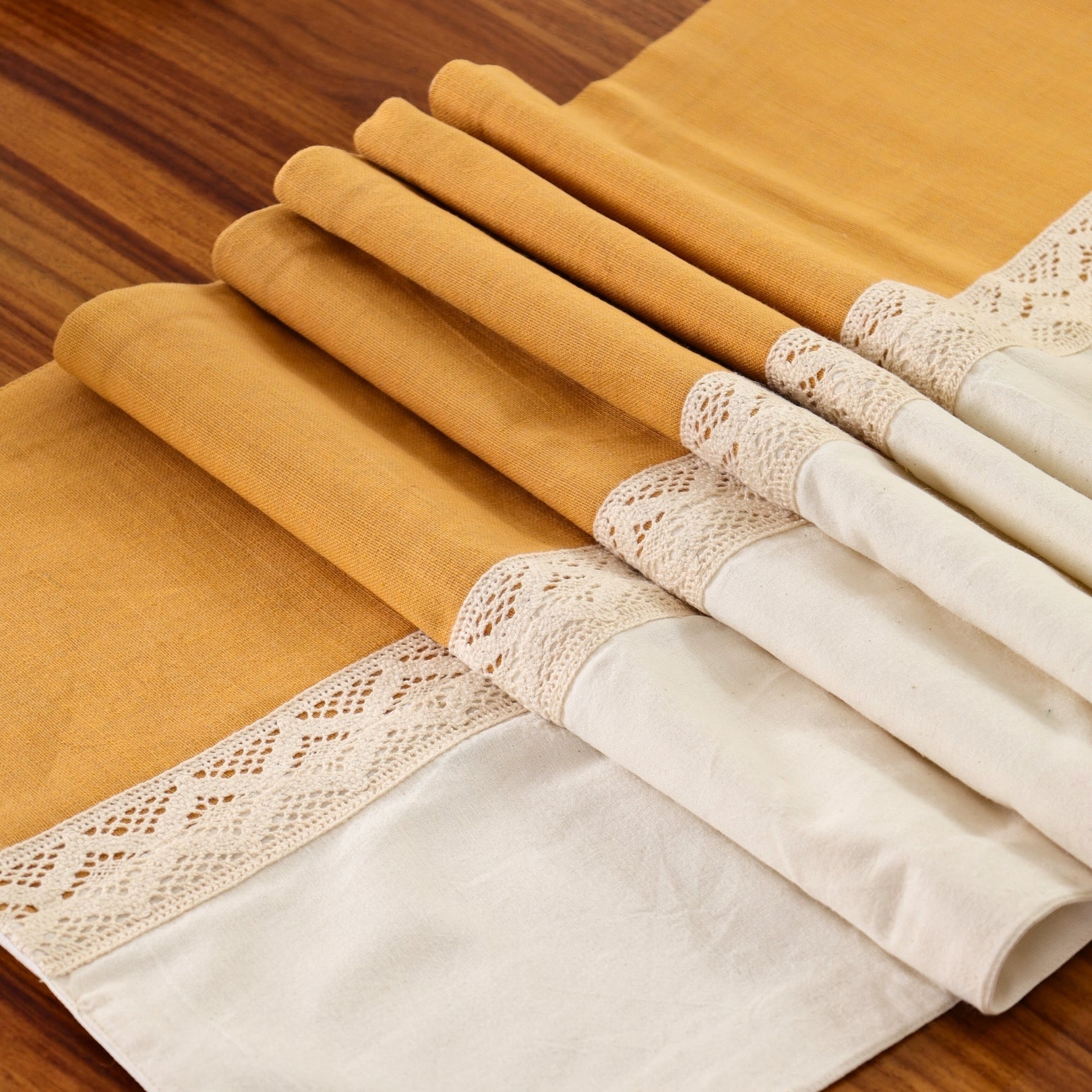 Crochet Pure Cotton Dining Table Runner in Mustard and Off White | 4 Seater