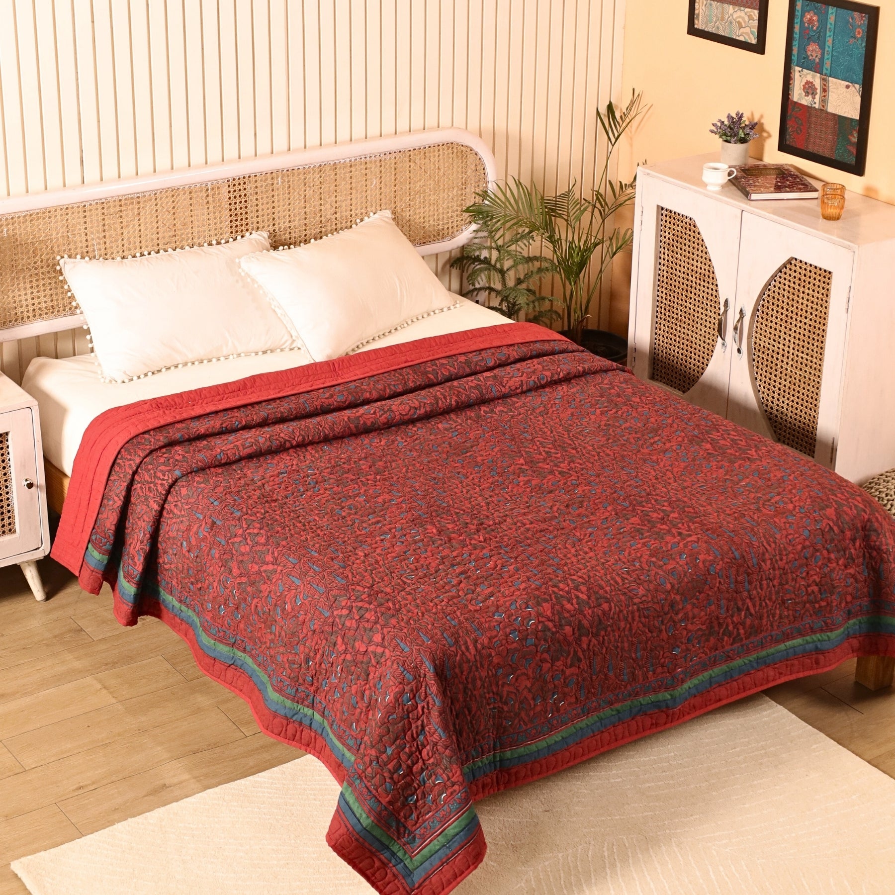 Quilted Bedcover Handprinted in Brick red and Navy colour| Can be used as AC Blanket | Pure Cotton