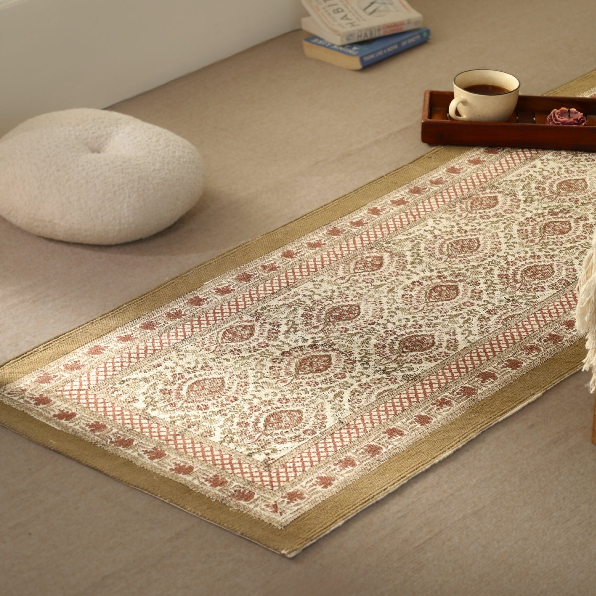 Cotton Floor Rug for Living Room and Bedroom hand block printed in Ivory and Rust Colour | Soft Washable Area Rug