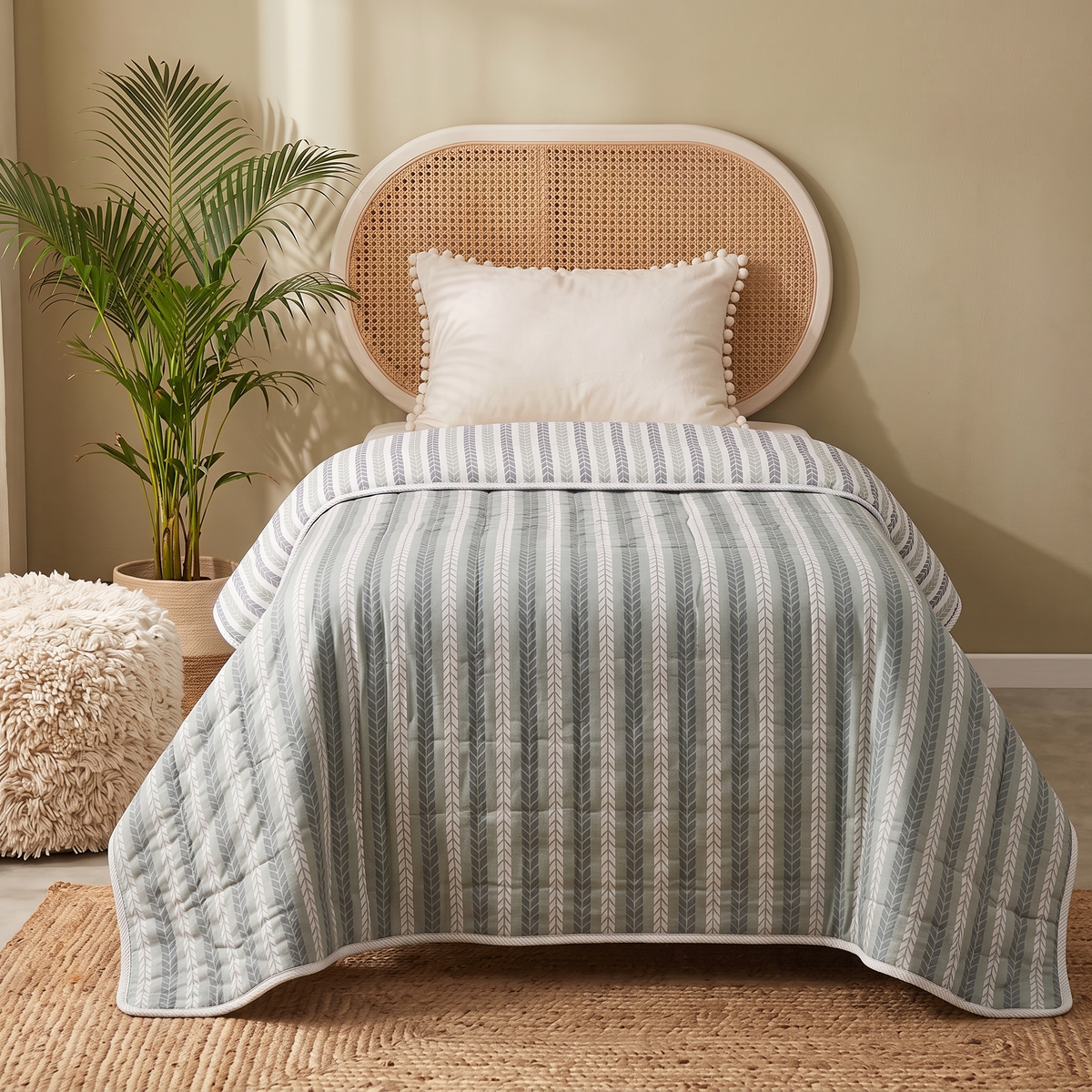 AC Comforter in 100% Cotton Mulmul Handprinted in Green Leafy Stripes| Lightweight Soft and Breathable AC Blanket