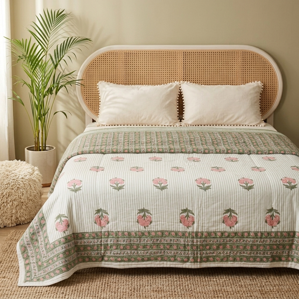 AC Comforter in 100% Cotton Mulmul Handprinted in Dusty Pink and Green| Lightweight Soft and Breathable AC Blanket in Reversible design