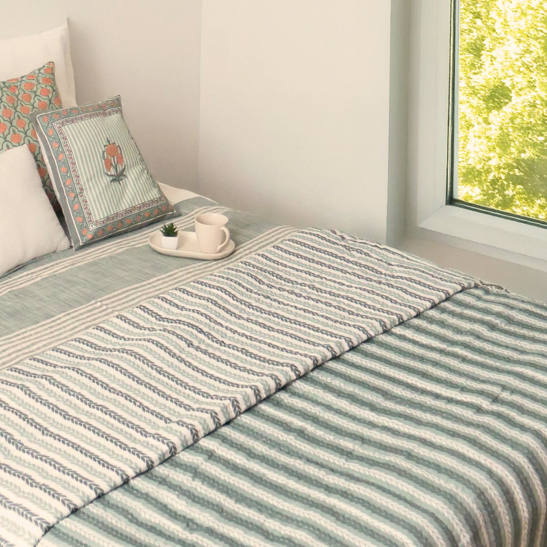 AC Comforter in 100% Cotton Mulmul Handprinted in Green Leafy Stripes| Lightweight Soft and Breathable AC Blanket