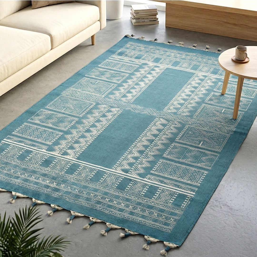 Cotton Floor Rug for Living Room and Bedroom handprinted in Jaipuri Teal design| Soft Washable Area Rug