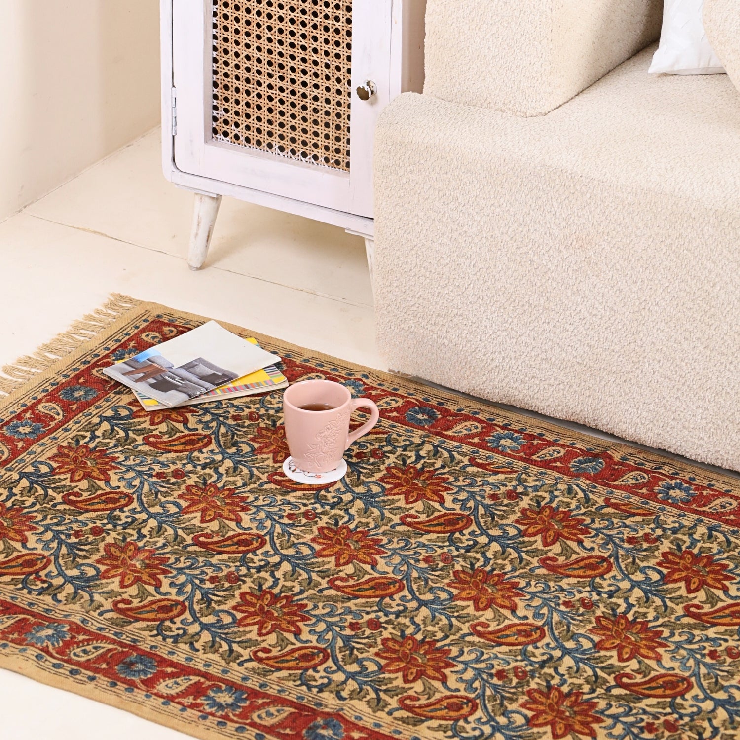 Handmade Cotton Rug In Blue Red and Beige in Kalamkari Print