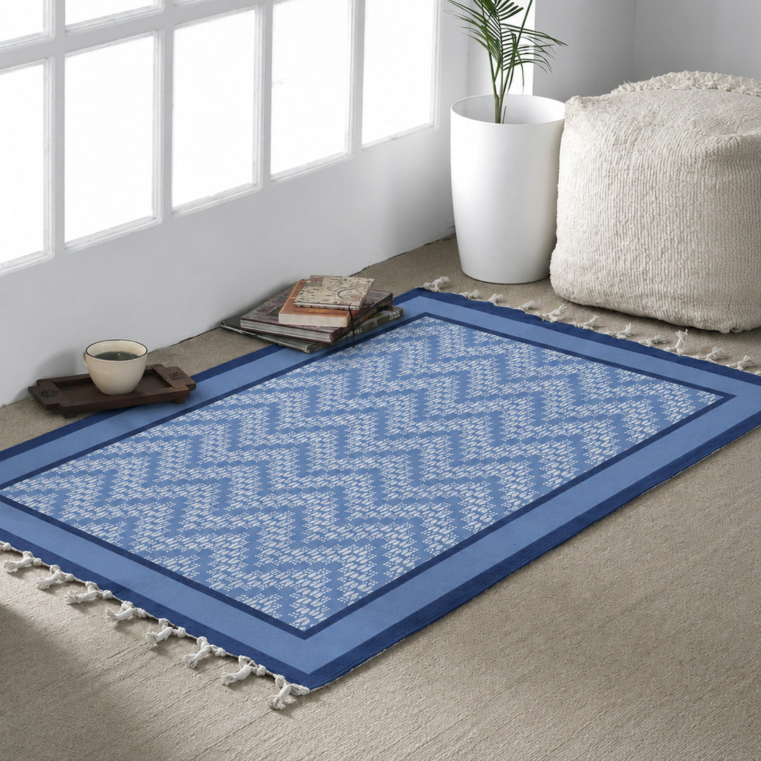 Cotton Floor Rug handprinted in Blue Chevron design for Living room or Bedroom| Foldable Area Rug