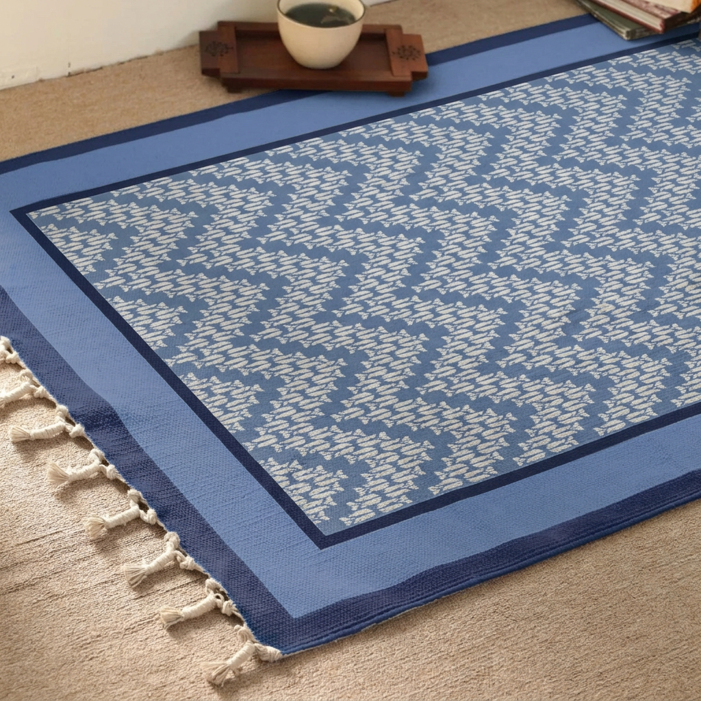 Cotton Floor Rug handprinted in Blue Chevron design for Living room or Bedroom| Foldable Area Rug