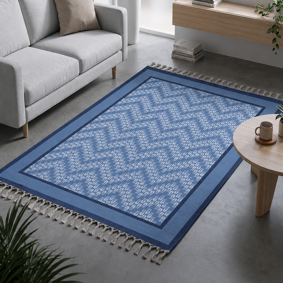 Cotton Floor Rug handprinted in Blue Chevron design for Living room or Bedroom| Foldable Area Rug