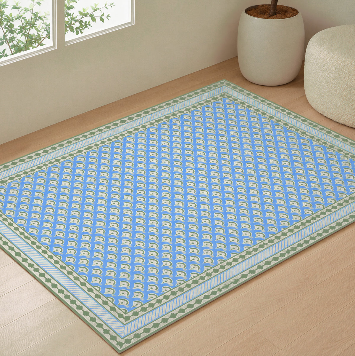 Hand Printed Cotton Floor Rug 3 x 5 Ft | Blue and Green Area Rug for Living Room and Bedroom