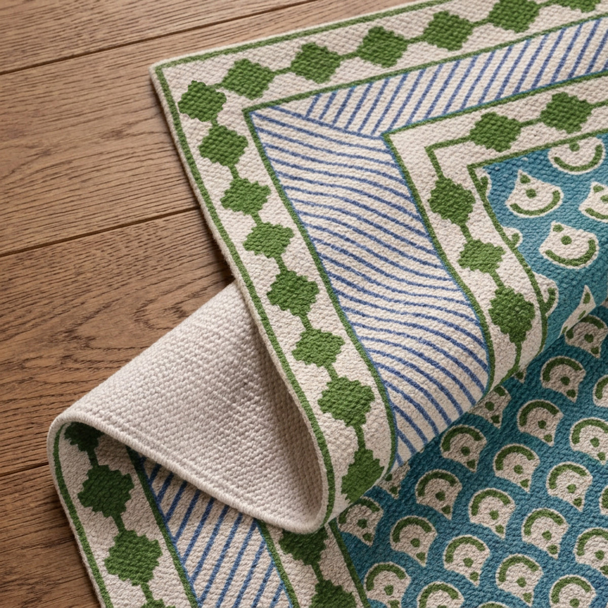 Hand Printed Cotton Floor Rug 3 x 5 Ft | Blue and Green Area Rug for Living Room and Bedroom