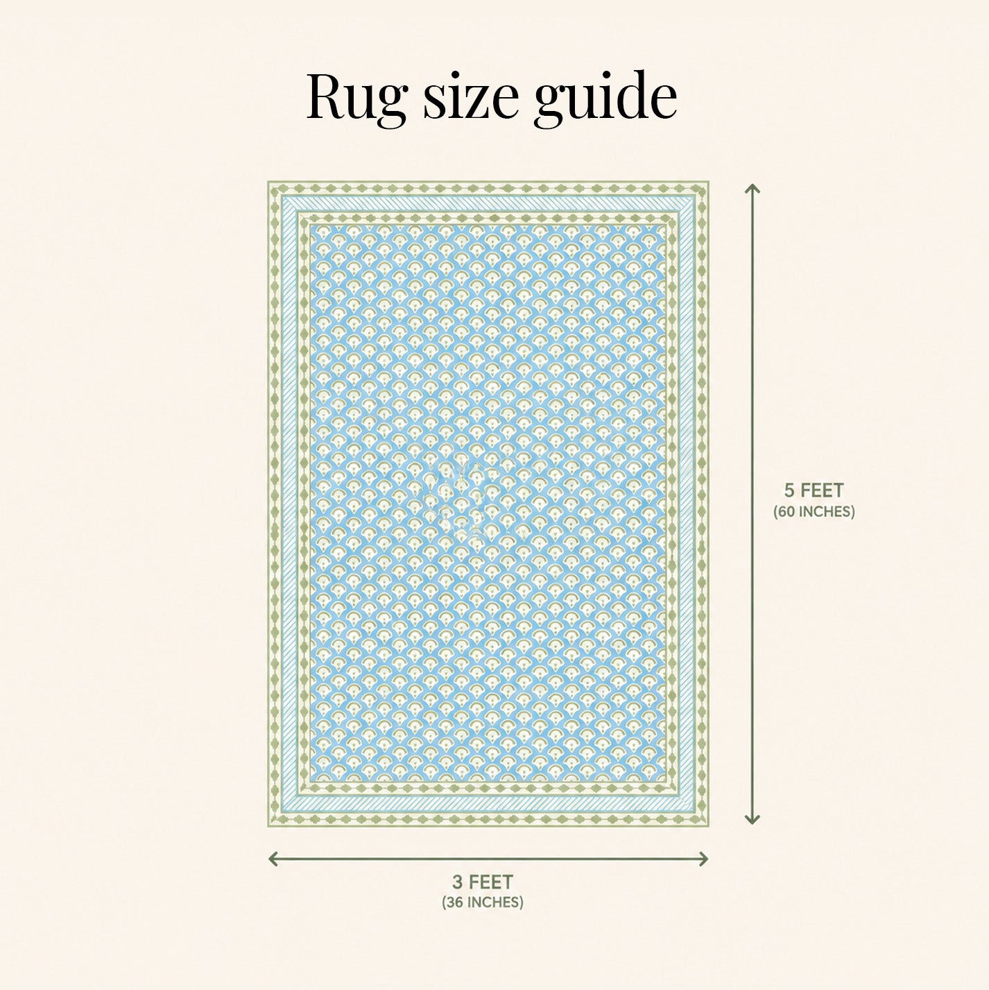 Hand Printed Cotton Floor Rug 3 x 5 Ft | Blue and Green Area Rug for Living Room and Bedroom