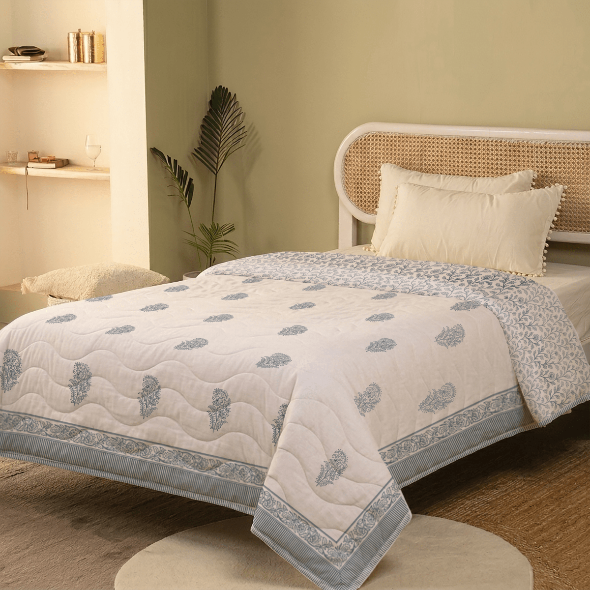 AC Comforter for Single Bed in 100% Cotton Mulmul Handprinted in Light Blue and Off white| Lightweight Soft and Breathable AC Blanket