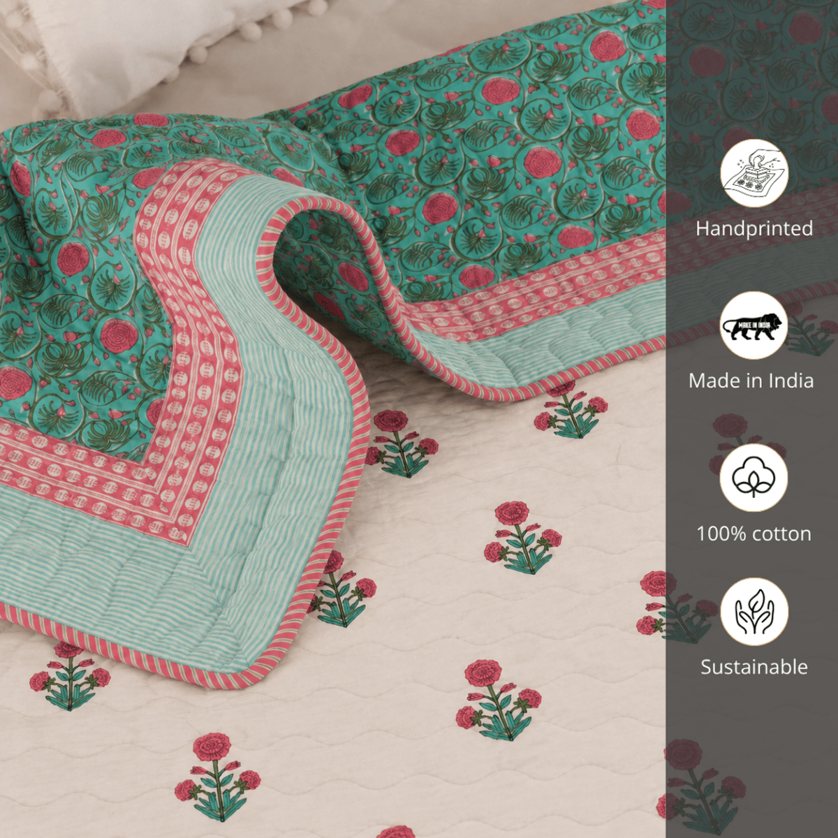 AC Comforter for Single Bed in 100% Cotton Mulmul Handprinted in Turquoise and Pink| Lightweight Soft and Breathable AC Blanket