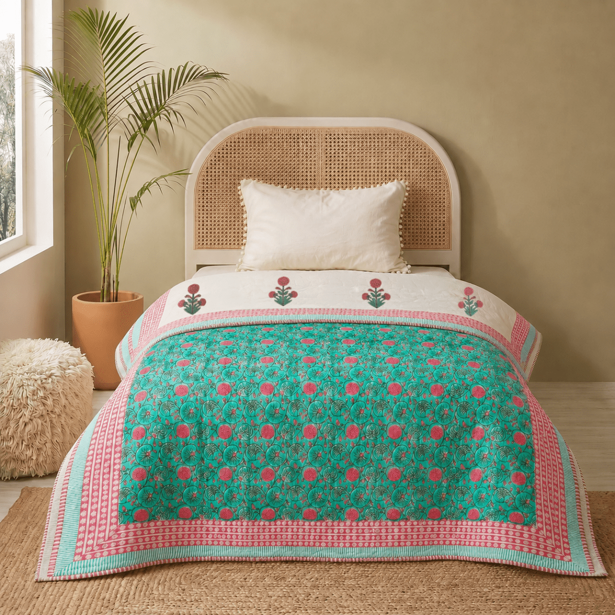 AC Comforter for Single Bed in 100% Cotton Mulmul Handprinted in Turquoise and Pink| Lightweight Soft and Breathable AC Blanket