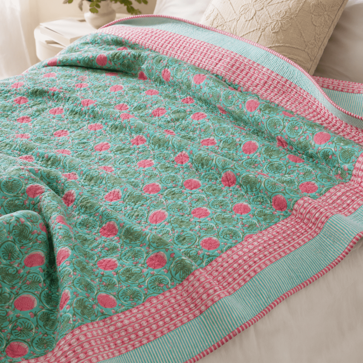AC Comforter for Single Bed in 100% Cotton Mulmul Handprinted in Turquoise and Pink| Lightweight Soft and Breathable AC Blanket