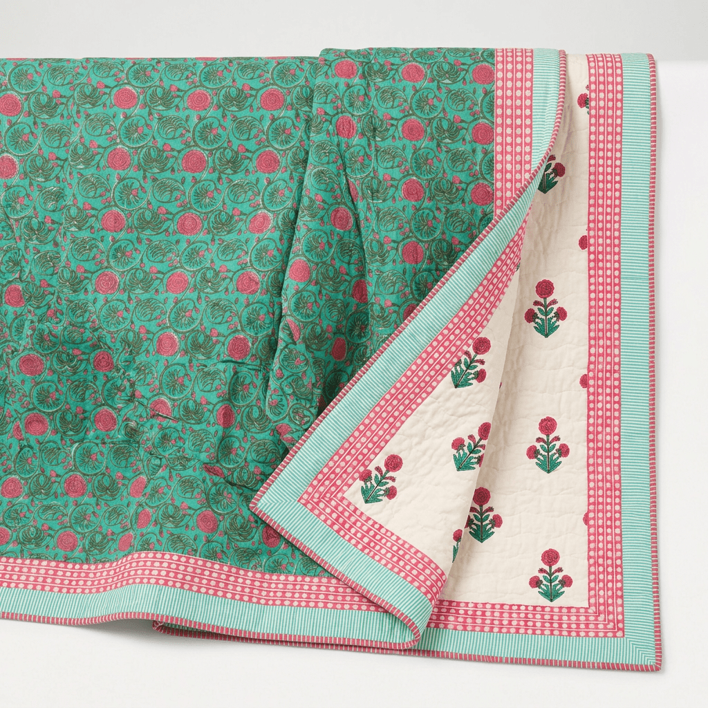 AC Comforter for Single Bed in 100% Cotton Mulmul Handprinted in Turquoise and Pink| Lightweight Soft and Breathable AC Blanket