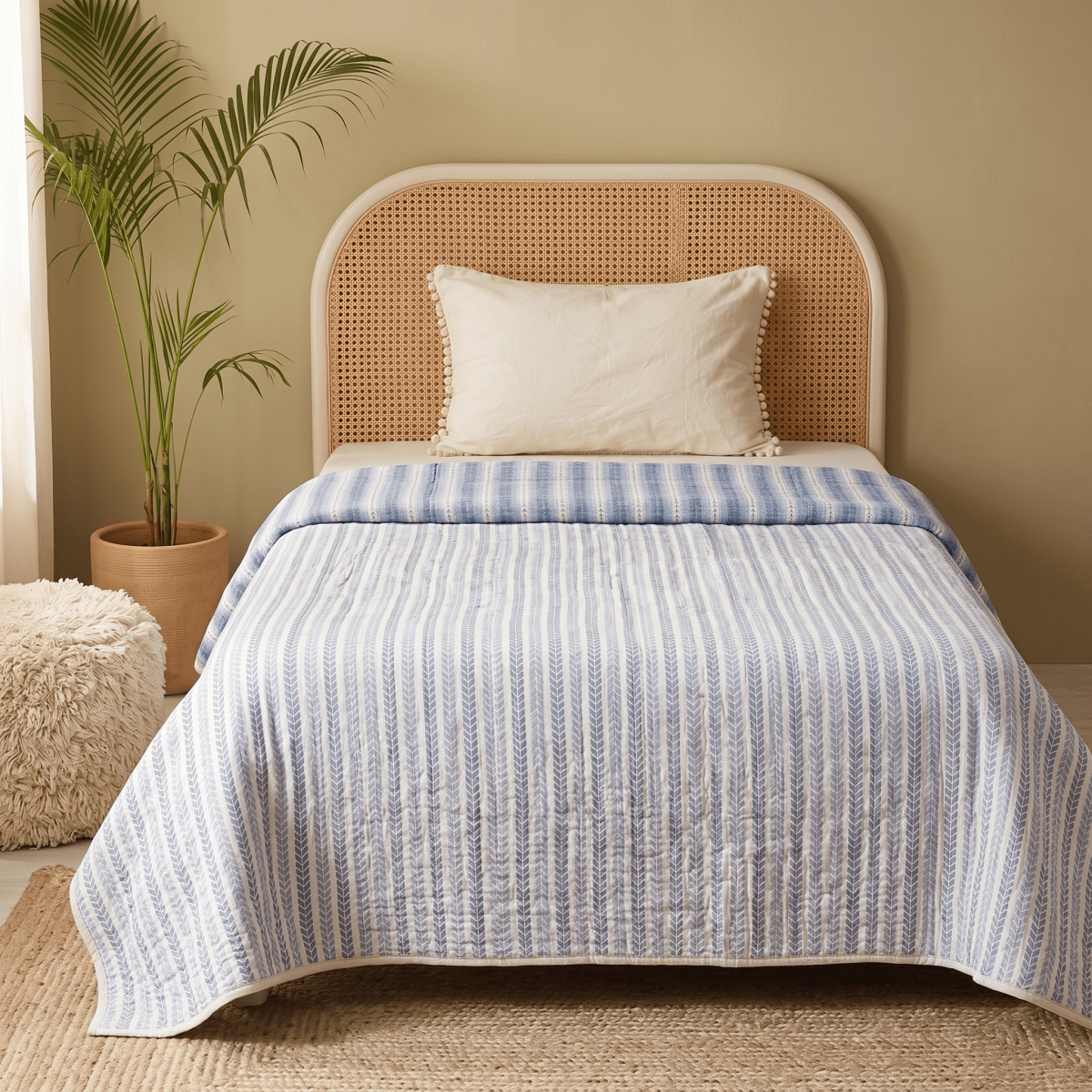 AC Comforter in 100% Cotton Mulmul Handprinted in Blue Leafy Stripes| Lightweight Soft and Breathable AC Blanket in Reversible design