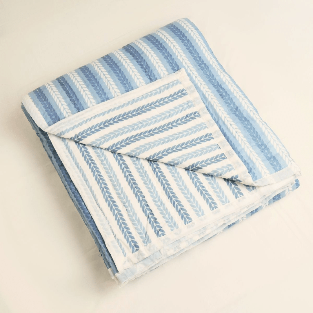 AC Comforter in 100% Cotton Mulmul Handprinted in Blue Leafy Stripes| Lightweight Soft and Breathable AC Blanket in Reversible design