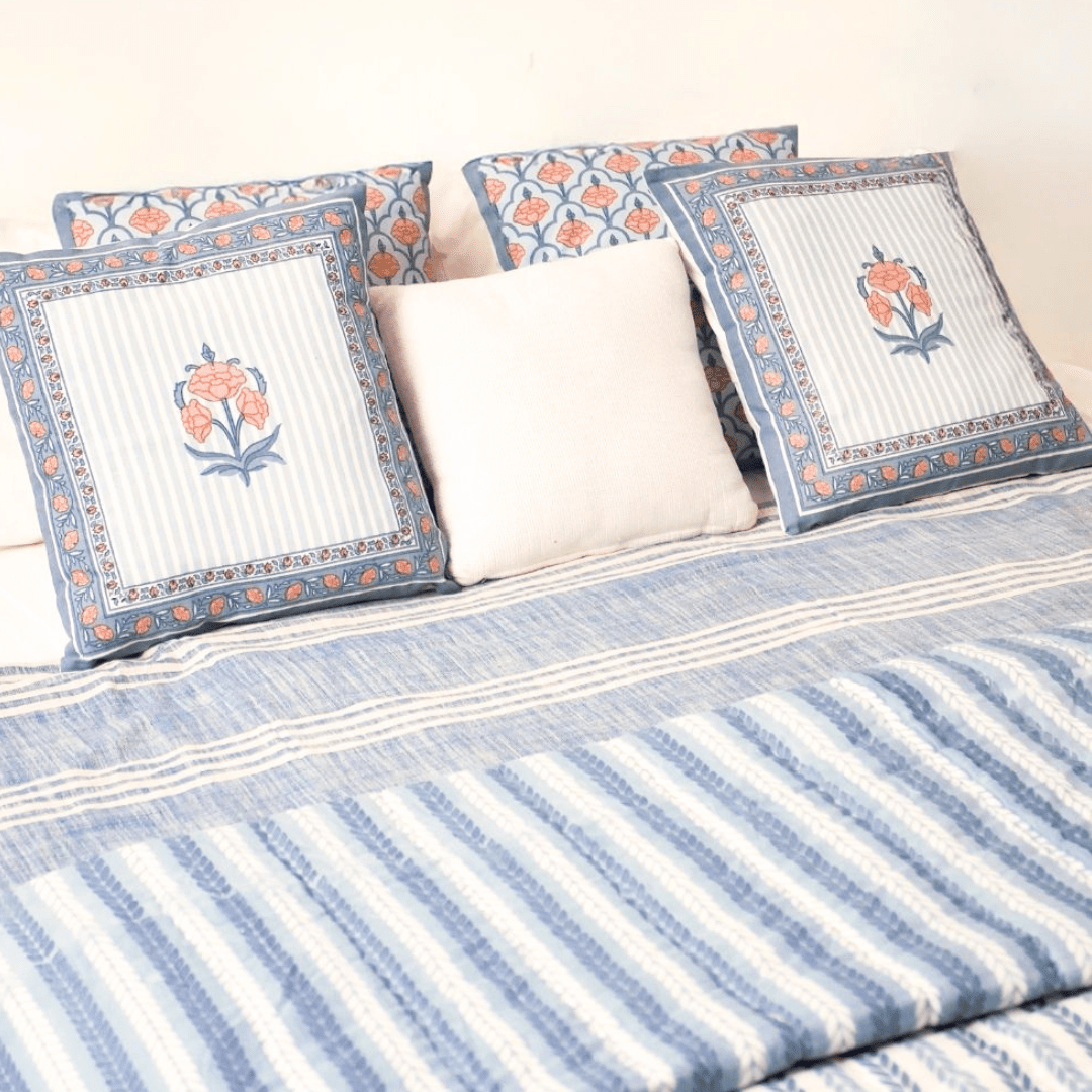 AC Comforter in 100% Cotton Mulmul Handprinted in Blue Leafy Stripes| Lightweight Soft and Breathable AC Blanket in Reversible design