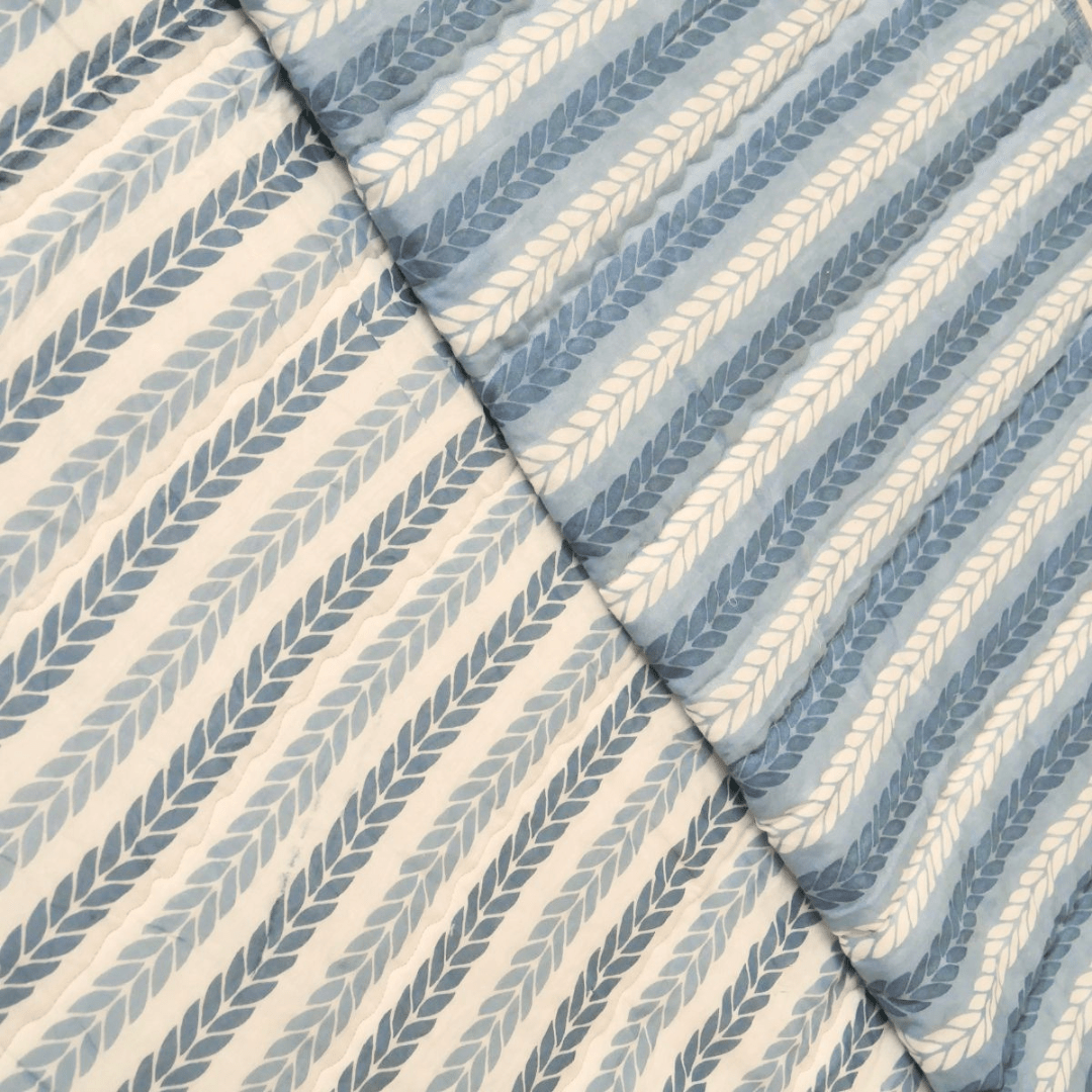 AC Comforter in 100% Cotton Mulmul Handprinted in Blue Leafy Stripes| Lightweight Soft and Breathable AC Blanket in Reversible design