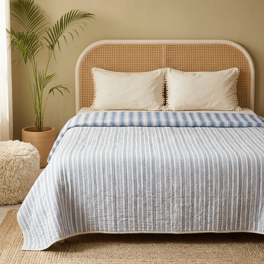 AC Comforter in 100% Cotton Mulmul Handprinted in Blue Leafy Stripes| Lightweight Soft and Breathable AC Blanket in Reversible design