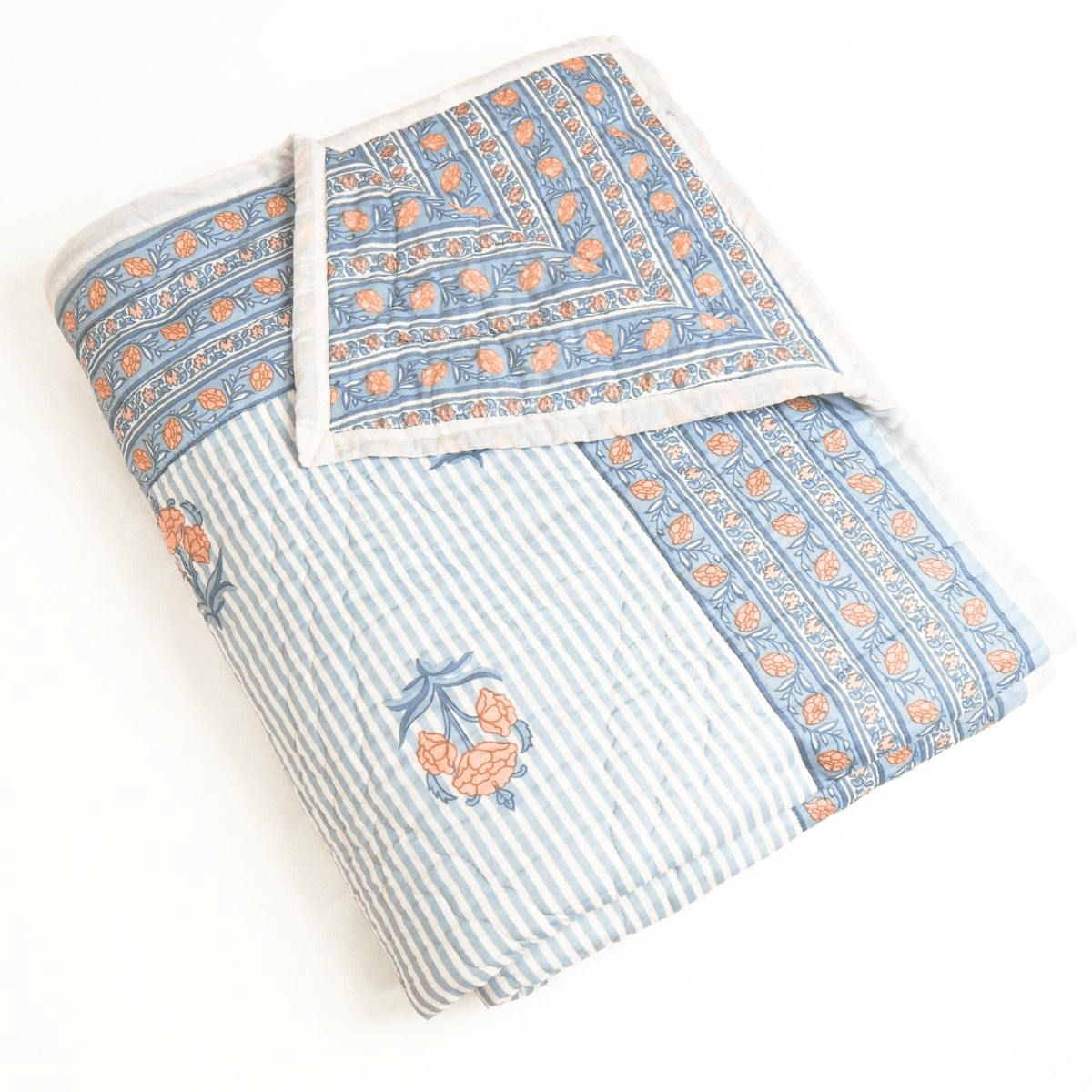 AC Comforter in 100% Cotton Mulmul Handprinted in Dusty Pink and Blue| Lightweight Soft and Breathable AC Blanket in Reversible design