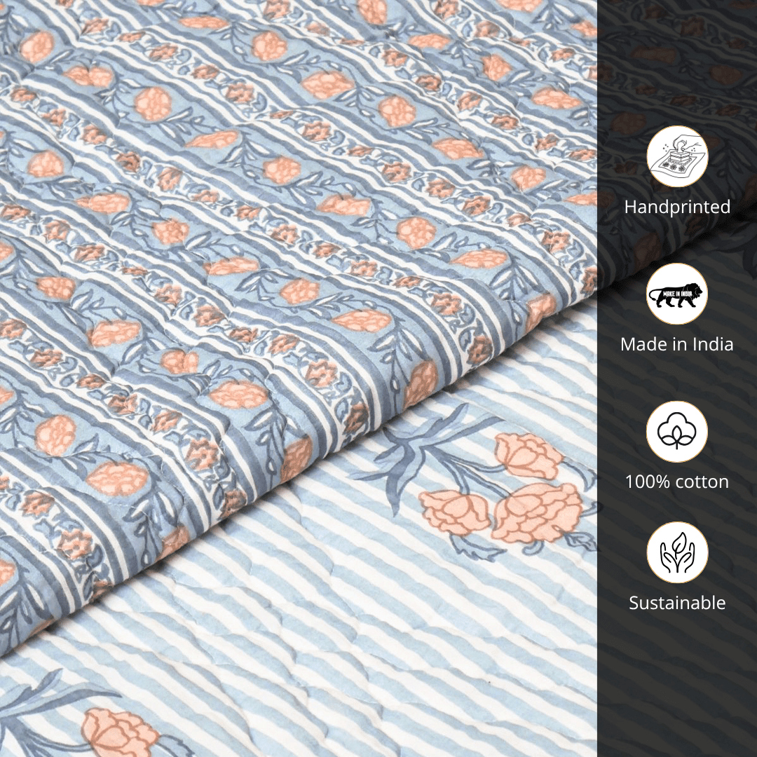 AC Comforter in 100% Cotton Mulmul Handprinted in Dusty Pink and Blue| Lightweight Soft and Breathable AC Blanket in Reversible design