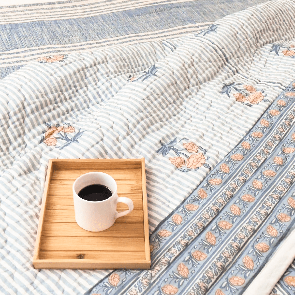 AC Comforter in 100% Cotton Mulmul Handprinted in Dusty Pink and Blue| Lightweight Soft and Breathable AC Blanket in Reversible design