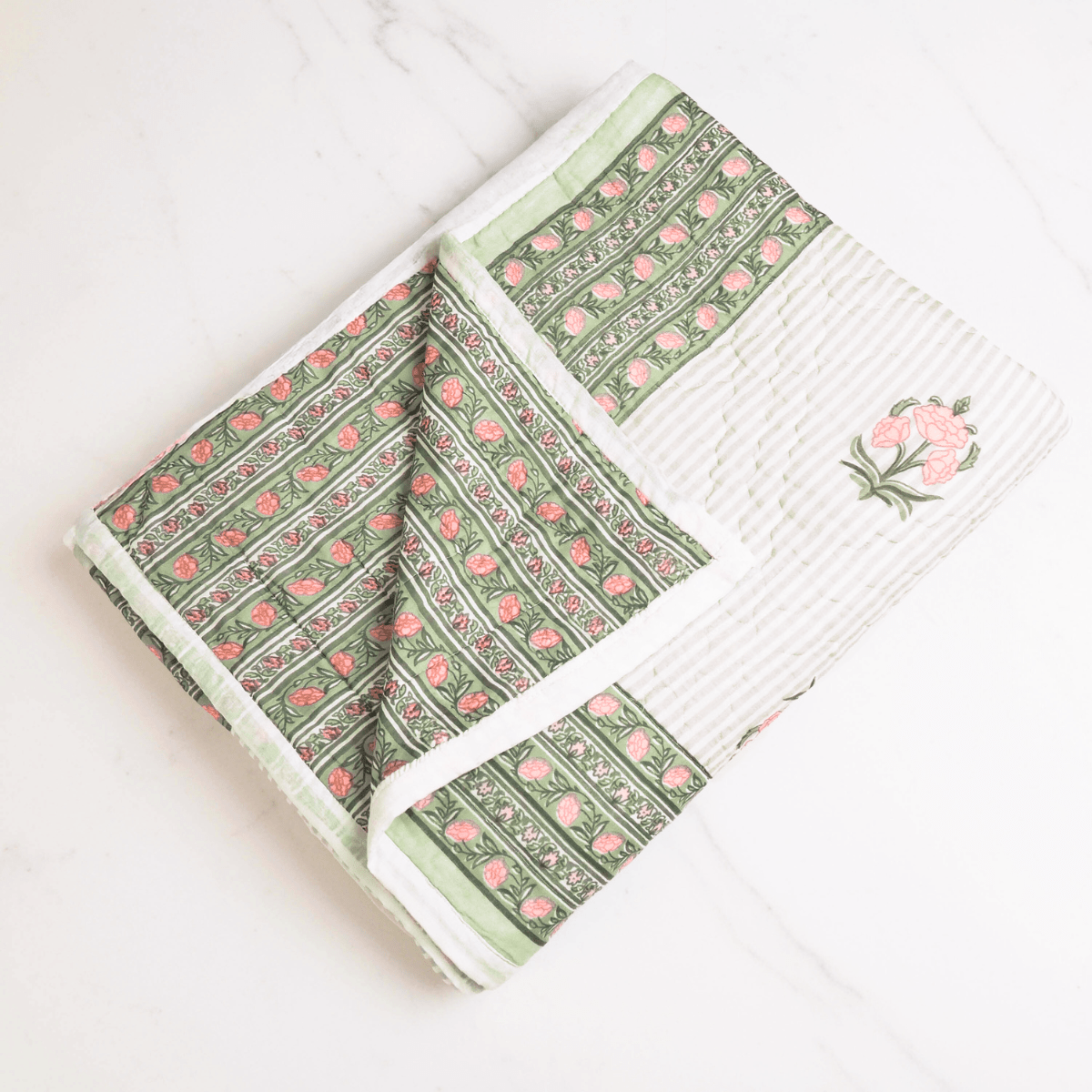 AC Comforter in 100% Cotton Mulmul Handprinted in Dusty Pink and Green| Lightweight Soft and Breathable AC Blanket in Reversible design