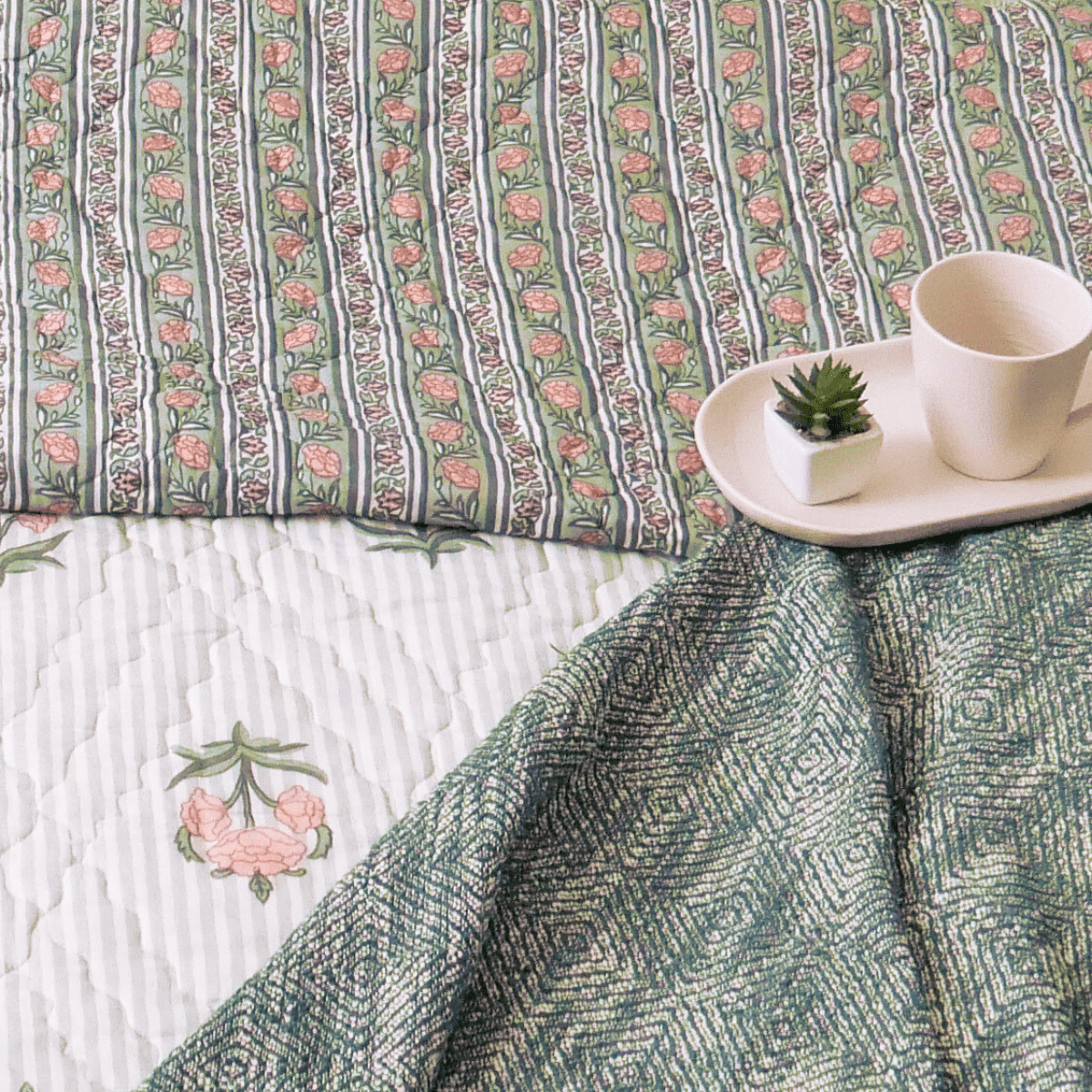 AC Comforter in 100% Cotton Mulmul Handprinted in Dusty Pink and Green| Lightweight Soft and Breathable AC Blanket in Reversible design
