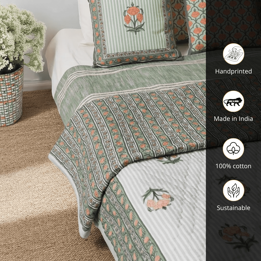 AC Comforter in 100% Cotton Mulmul Handprinted in Dusty Pink and Green| Lightweight Soft and Breathable AC Blanket in Reversible design