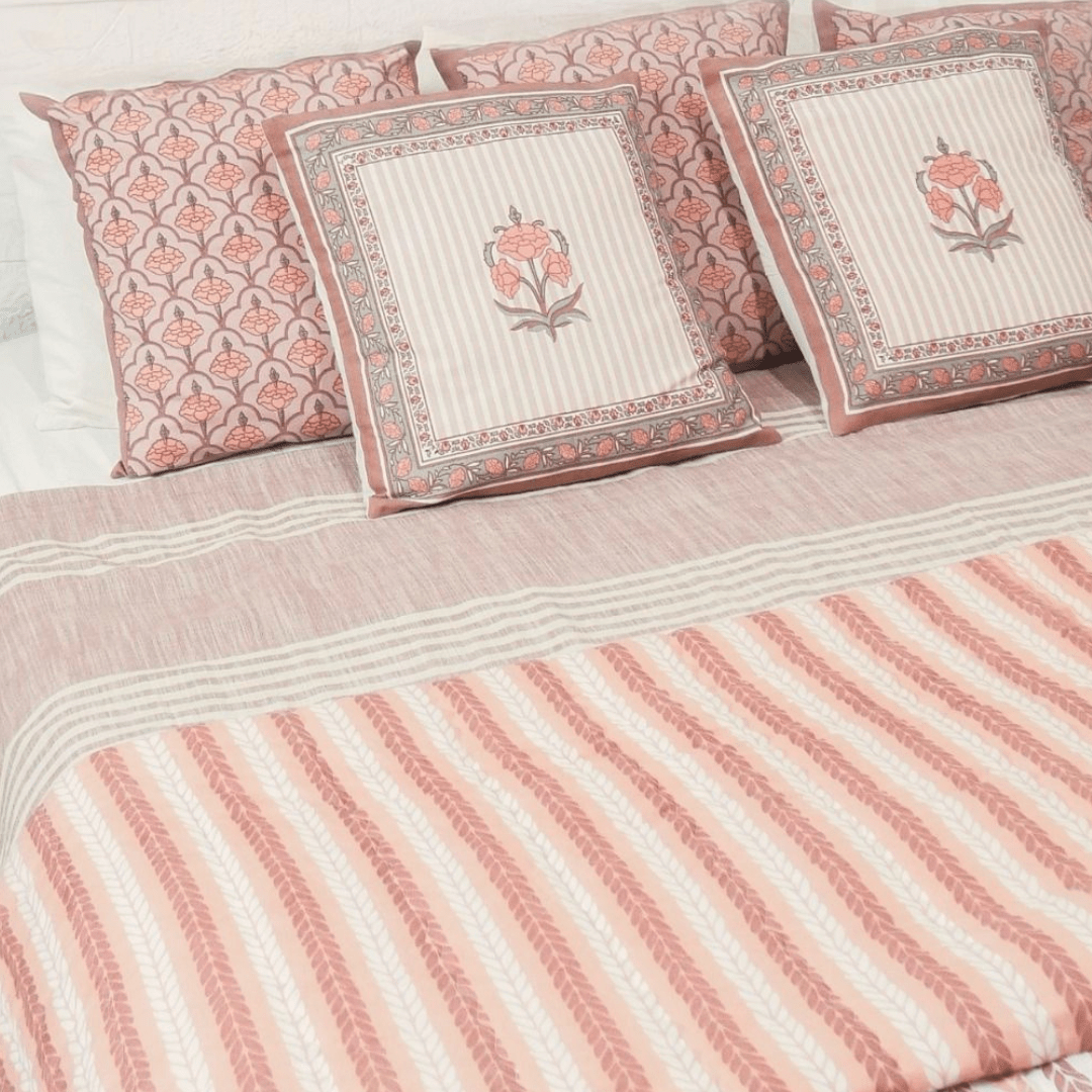 AC Comforter in 100% Cotton Mulmul Handprinted in Dusty Pink and Off White| Lightweight Soft and Breathable AC Blanket in Reversible design