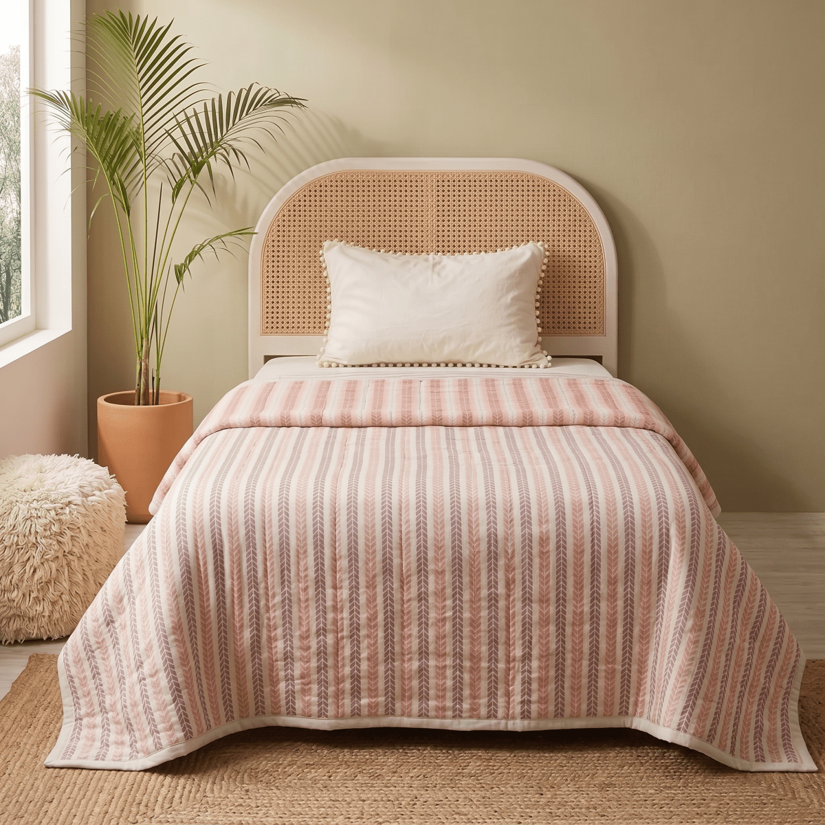 AC Comforter in 100% Cotton Mulmul Handprinted in Dusty Pink and Off White| Lightweight Soft and Breathable AC Blanket in Reversible design