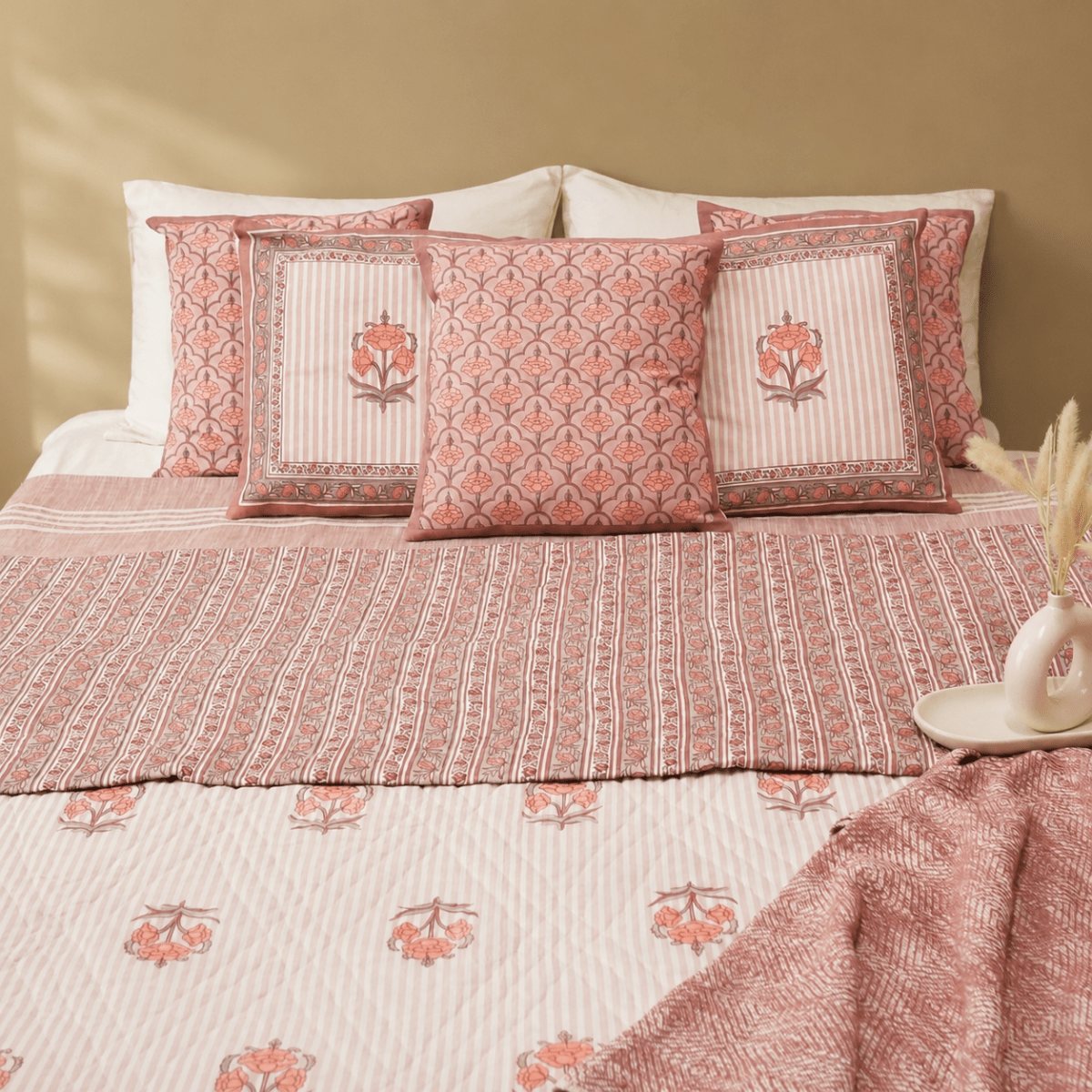 AC Comforter in 100% Cotton Mulmul Handprinted in Dusty Pink with Floral and Geometric design| Lightweight Soft and Breathable AC Blanket in Reversible design