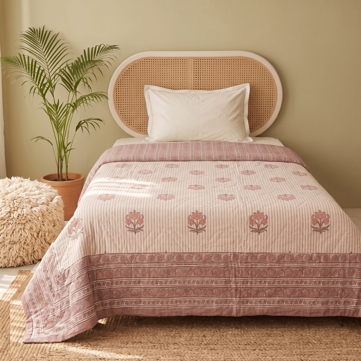 AC Comforter in 100% Cotton Mulmul Handprinted in Dusty Pink with Floral and Geometric design| Lightweight Soft and Breathable AC Blanket in Reversible design