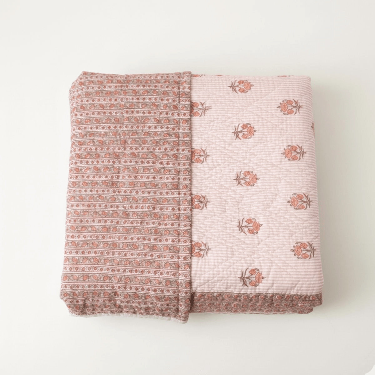 AC Comforter in 100% Cotton Mulmul Handprinted in Dusty Pink with Floral and Geometric design| Lightweight Soft and Breathable AC Blanket in Reversible design