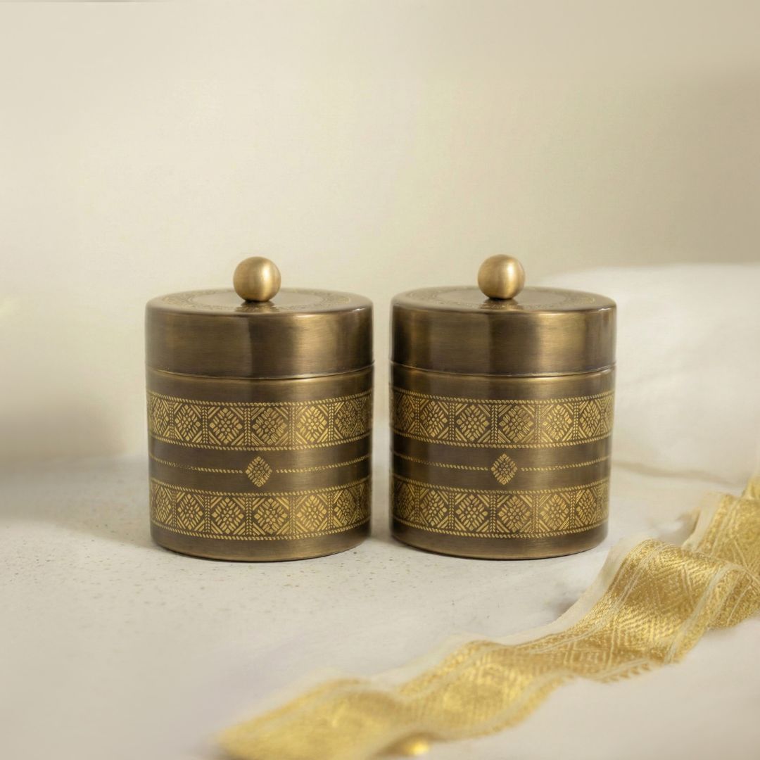 Pure Brass Kitchen Storage Jars Set of 2 with Antique Finish | Kanjeevaram Design Tea & Sugar Containers