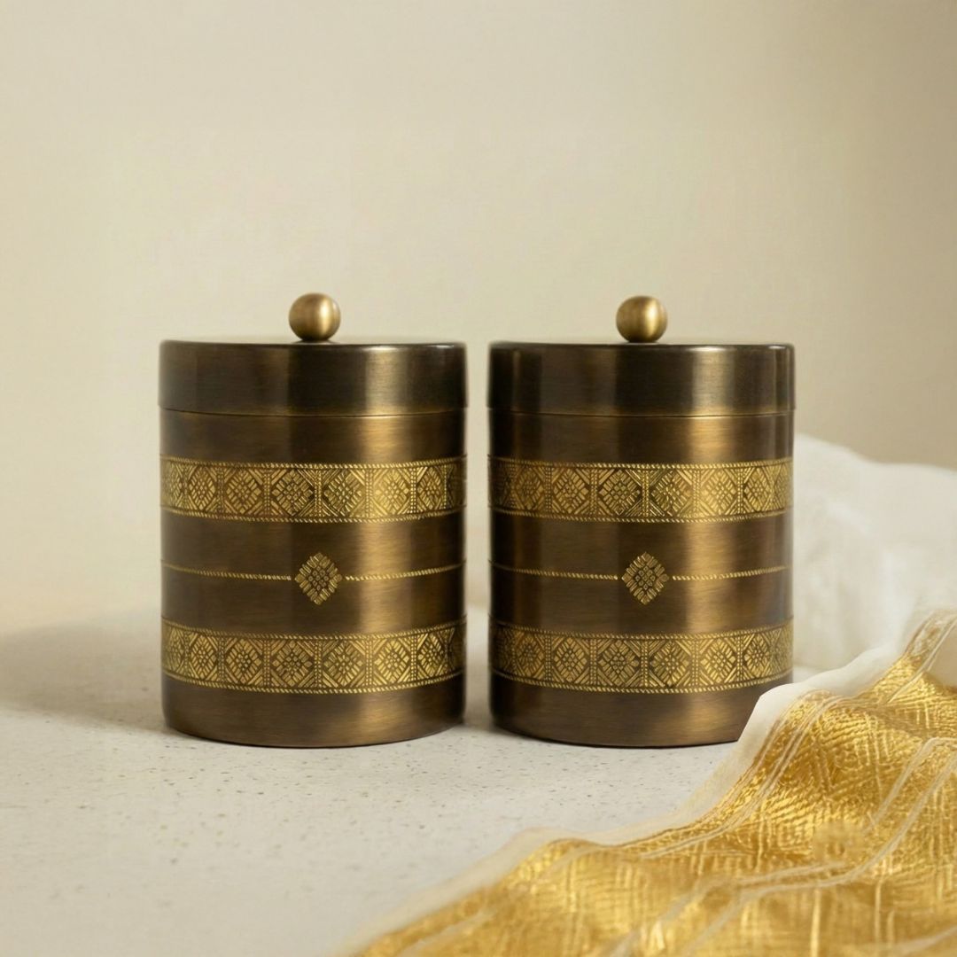 Pure Brass Kitchen Storage Jars Set of 2 with Antique Finish | Kanjeevaram Design Tea & Sugar Containers