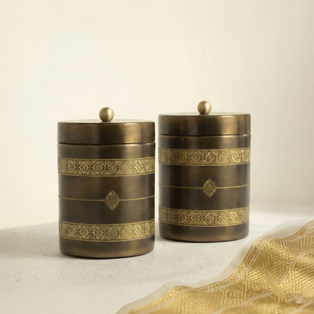 Antique Finish Kitchen Jar made with Pure Brass in a Kanjeevaram design theme| Set of 2
