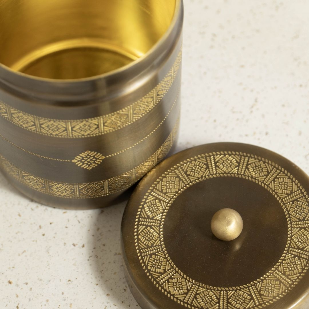 Antique Finish Kitchen Jar made with Pure Brass in a Kanjeevaram design theme| Set of 2